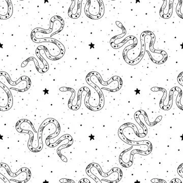 Seamless Pattern Mystical snake with moon and stars. Mystic, alchemy, occult Stock Illustration
