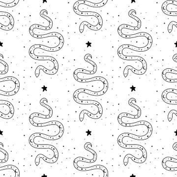 Seamless Pattern Mystical snake with moon and stars. Mystic, alchemy, occult Stock Illustration