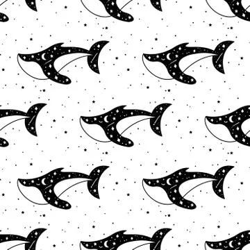 Seamless Pattern Mystical whale with moon and stars. Stars, constellations, m Stock-Illustration