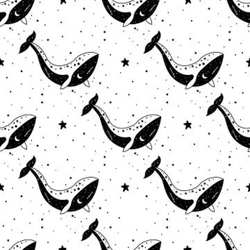 Seamless Pattern Mystical whale with moon and stars. Stars, constellations, m Stock Illustration