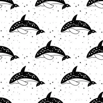 Seamless Pattern Mystical whale with moon and stars. Stars, constellations, m Stock Illustration