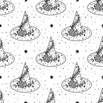 Seamless Pattern Mystical witch hat with flowers, leaves and stars. Stars Stock Illustration