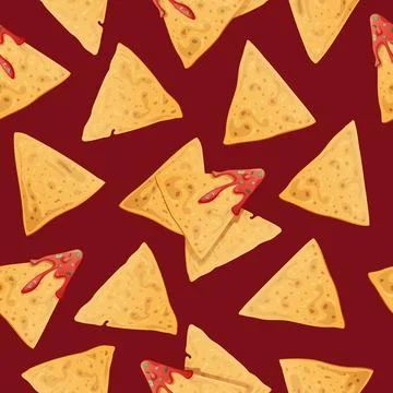 Seamless pattern with nachos on a burgundy background. Traditional Mexican .. Stock Illustration