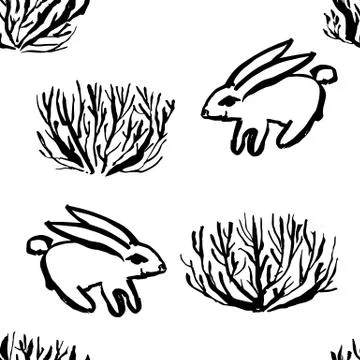 Seamless pattern with naked bushes. Hand drawn grunge ink background. Vector Stock Illustration