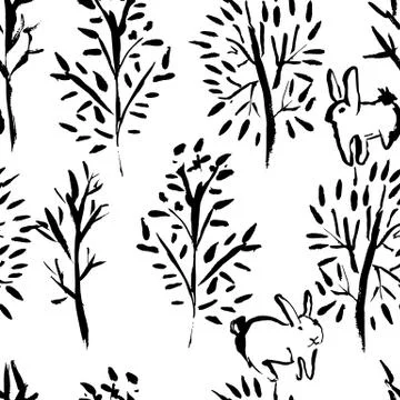Seamless pattern with naked trees. Hand drawn grunge ink background. Vector イラスト素材