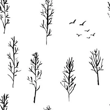 Seamless pattern with naked trees. Hand drawn grunge ink background. Vector Stockillustratie