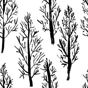Seamless pattern with naked trees. Hand drawn grunge ink background. Vector Stock Illustration