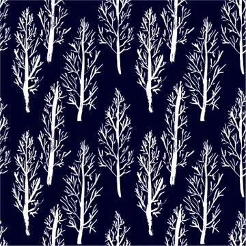 Seamless pattern with naked trees. Hand drawn grunge ink background. Vector Stock Illustration