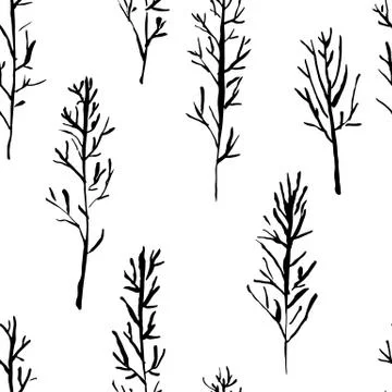 Seamless pattern with naked trees. Hand drawn grunge ink background. Vector 스톡 일러스트