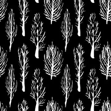 Seamless pattern with naked trees. Hand drawn grunge ink background. Vector Stock Illustration