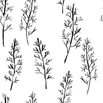 Seamless pattern with naked trees. Hand drawn grunge ink background. Vector 스톡 일러스트