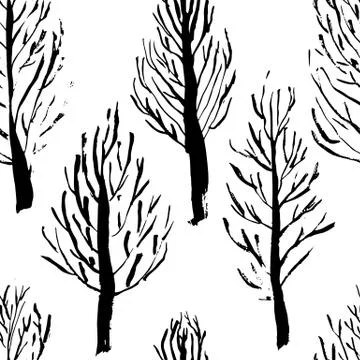 Seamless pattern with naked trees. Hand drawn grunge ink background. Vector Illustrazione stock