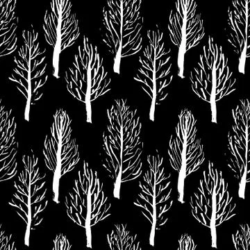 Seamless pattern with naked trees. Hand drawn grunge ink background. Vector イラスト素材
