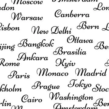 Seamless pattern with the name capitals of the world. Creative background Illustrazione stock