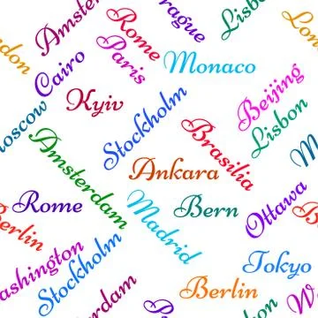 Seamless pattern with the name capitals of the world. Creative background Illustrazione stock