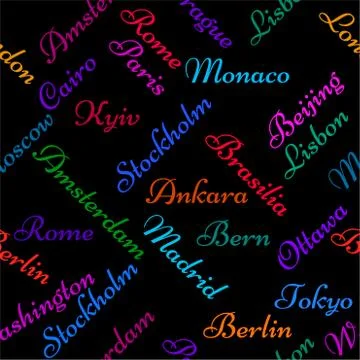 Seamless pattern with the name capitals of the world. Creative background Stock Illustration