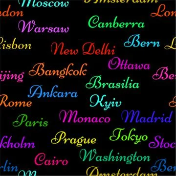 Seamless pattern with the name capitals of the world. Creative background Illustrazione stock
