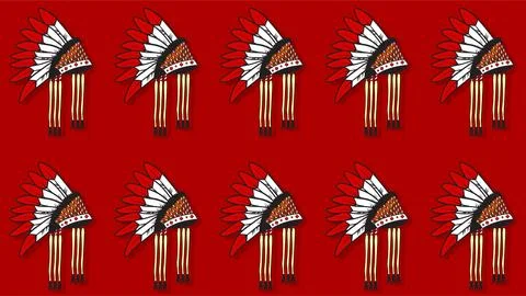Seamless pattern of Native American chief headdresses with feathers on red .. Stock Illustration