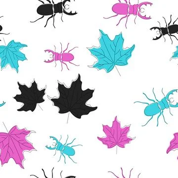 Seamless pattern with a natural forest motif. Beetle and maple leaf. Stock Illustration