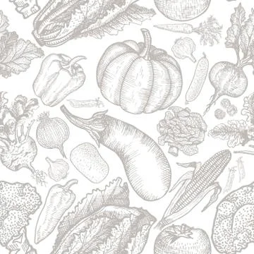 Seamless pattern of natural vegetables. Vector hand drawing. Stock Illustration