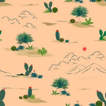 Seamless pattern nature desert landscape with cactus and succulent plants o.. Illustrazione stock