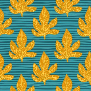 Seamless pattern with nature falling leaves orange ornament. Bright blue stri Stock Illustration