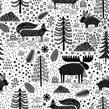 Seamless pattern nature forest wildlife Canada.Season winter park. Stock Illustration