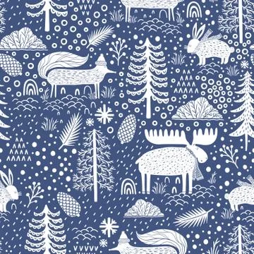 Seamless pattern nature forest wildlife Canada.Season winter park. Stock Illustration