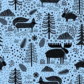 Seamless pattern nature forest wildlife Canada.Season winter park. Stock Illustration