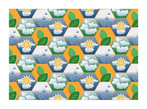 Seamless pattern, nature in hexagon frame, leaves, water, clouds, and sun, ve Stock Illustration