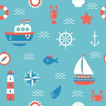 Seamless pattern with nautical design elements. Marine concept background Stock Illustration