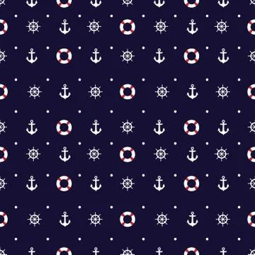 Seamless pattern with nautical elements - anchor, life buoy, wheel Stock Illustration