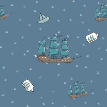 Seamless pattern with nautical elements with ships on water. Stockillustratie
