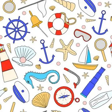 Seamless pattern with nautical items. 스톡 일러스트