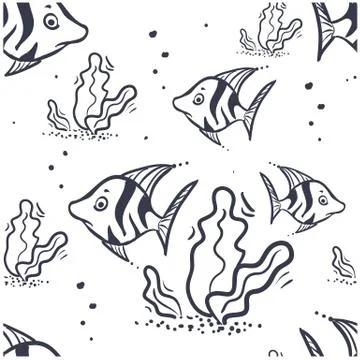 Seamless pattern navy blazer doodle coral fish and seaweed Stock Illustration