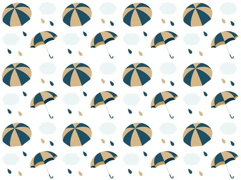 Seamless pattern of navy blue and gold umbrellas and rain clouds. Stock Illustration