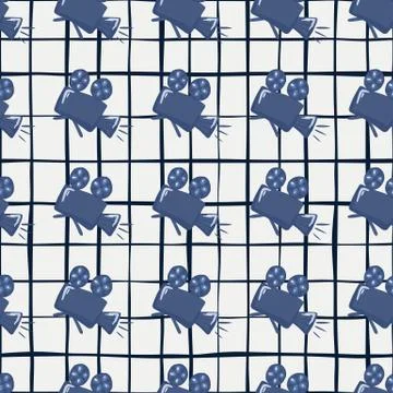 Seamless pattern with navy blue camera silhouettes. White background with bla Illustrazione stock