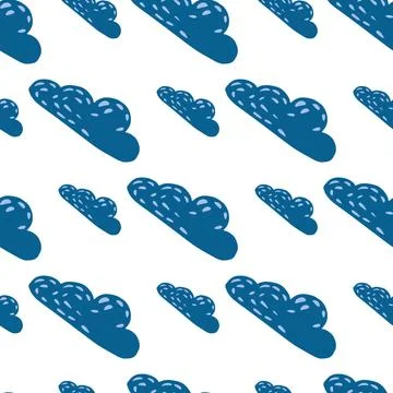 Seamless pattern with navy blue diagonal clouds ornament. White background. S 스톡 일러스트