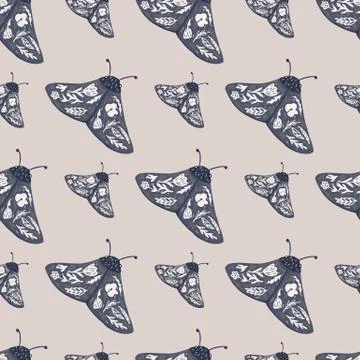 Seamless pattern with navy blue folk moles silhouettes. Creative insect ornam Stock Illustration