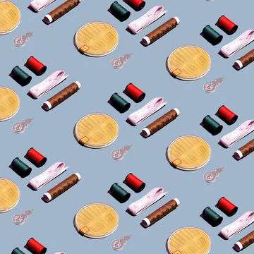 A seamless pattern of needle set, thread spools, and tailor measuring tape se Stock Photos