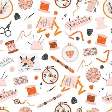 Seamless pattern with needlework tools as scissors, needles, threads, hoops.. Stock Illustration