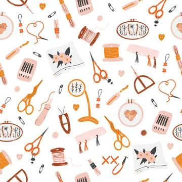 Seamless pattern with needlework tools as scissors, needles, threads, hoops Stock Illustration