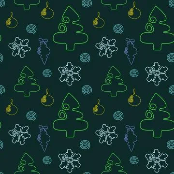 Seamless pattern with neon Christmas trees, snowflakes and ornaments on a dark Stock Illustration