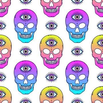 Seamless pattern with neon colors  skulls with a third eye, stylized in a p.. Stock Illustration