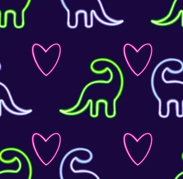 Seamless pattern neon Dino glowing desktop icon, neon dinosaur sticker, neon Stock Illustration
