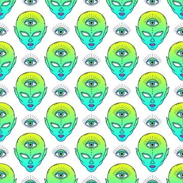 Seamless pattern of neon green alien faces with a third eye, stylized in a .. Stock Illustration