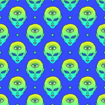 Seamless pattern of neon green alien faces with a third eye, stylized in a .. Stock Illustration