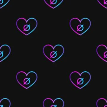 Seamless pattern with neon heart with agender symbol on black background Stock Illustration