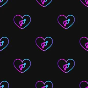 Seamless pattern with neon heart with bisexuality symbol on black background Stock Illustration