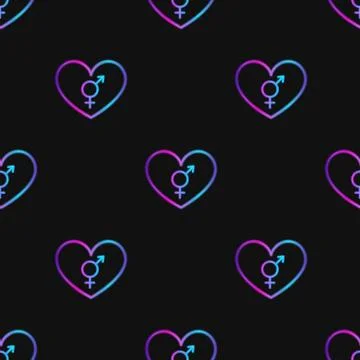 Seamless pattern with neon heart with intersexuality symbol on black background Stock Illustration
